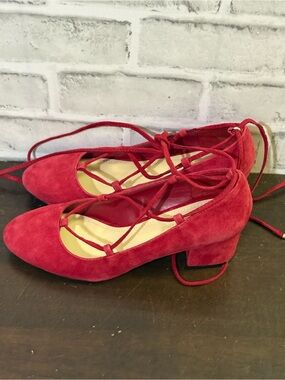 Saks Fifth Avenue Red Suede Lace-Up Block Heel Pumps, size 6